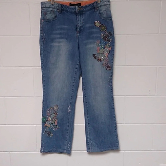 VENEZIA BOHO, COTTAGE CORE EMBROIDERED, BEADED, HIGHWAIST, STRAIGHT LEG, JEANS - Picture 1 of 10